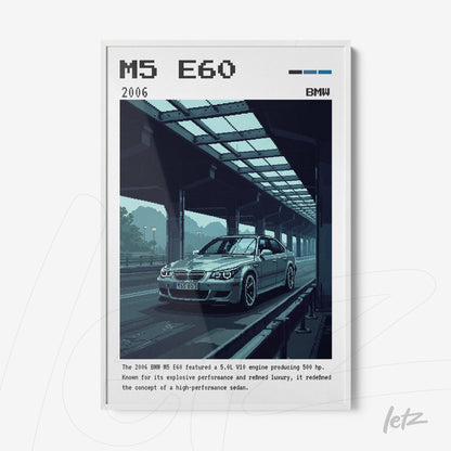 retro style digital art of BMW M5 E60 in white frame
