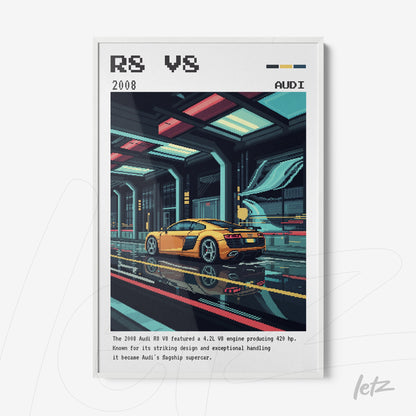 pixel art print of a yellow Audi R8 in a futuristic neon environment