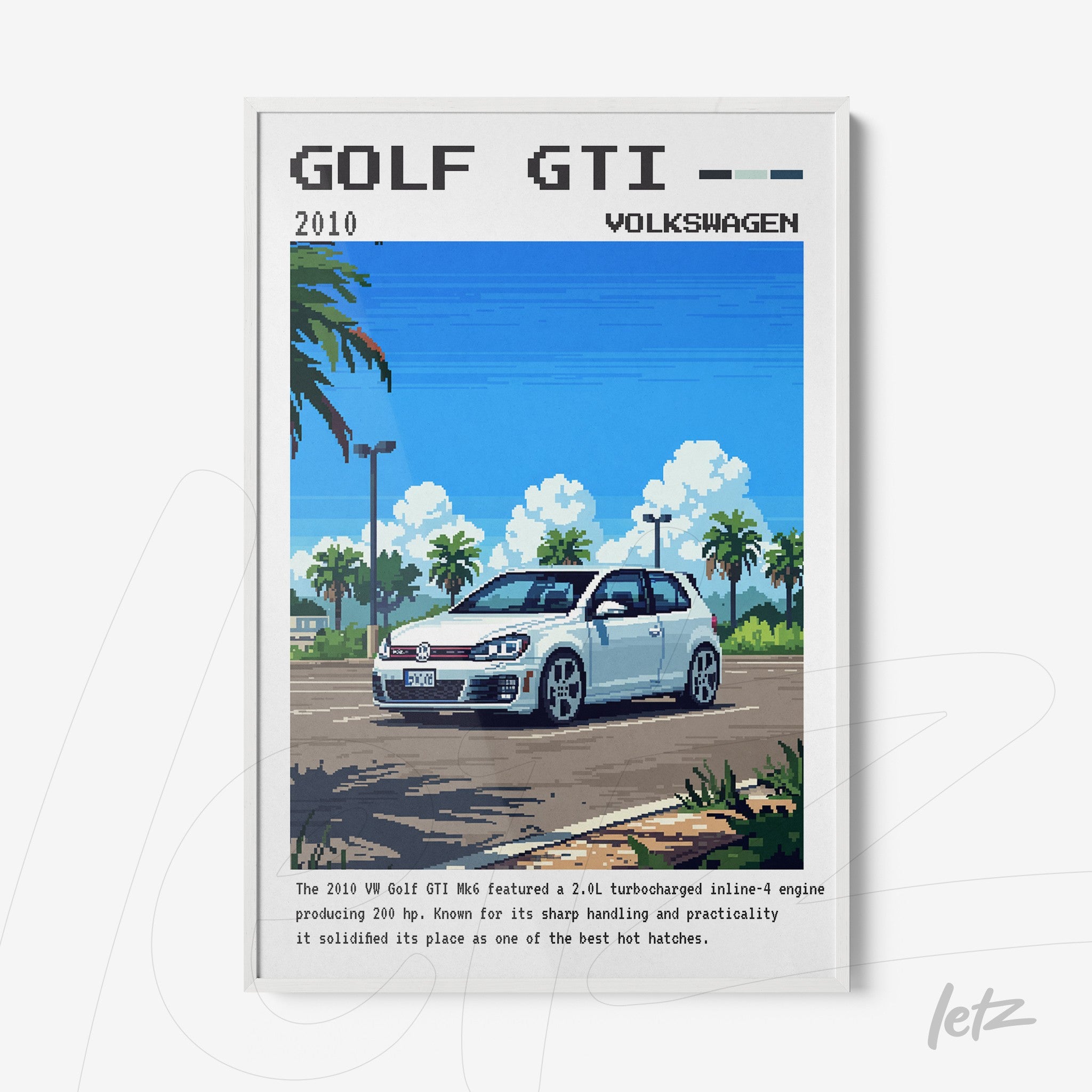 framed wall art featuring pixelated illustration of a Golf GTI car on a road under a blue sky