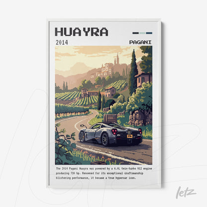 pixel art featuring a pagani huayra in a hillside vineyard landscape with a white frame
