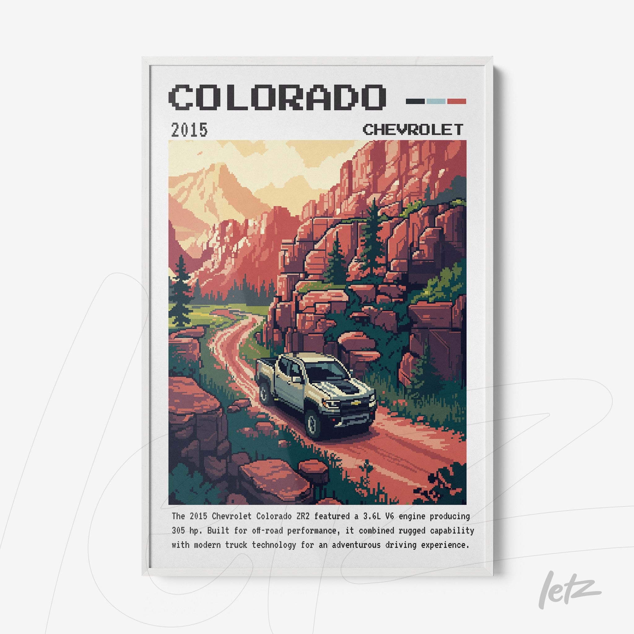 framed digital artwork featuring retro illustration of a Chevrolet Colorado truck on a mountainous road with colorful pixel art scenery and details