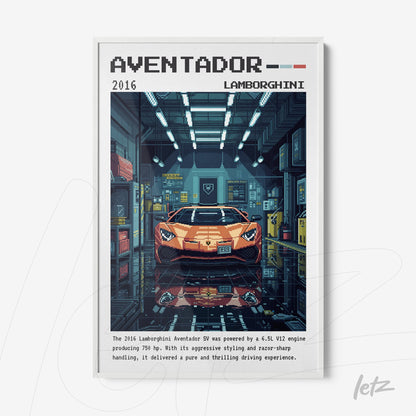 framed digital art of a Lamborghini Aventador in a modern garage with a white frame
