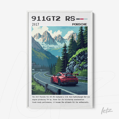 pixel art framed illustration of a red Porsche 911 GT2 RS on a mountain road
