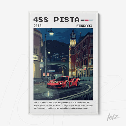retro digital artwork of a Ferrari 488 Pista on a city street illuminated at night, white frame