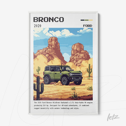 framed pixel art of a 2020 Ford Bronco in a desert scene with cacti and mountains