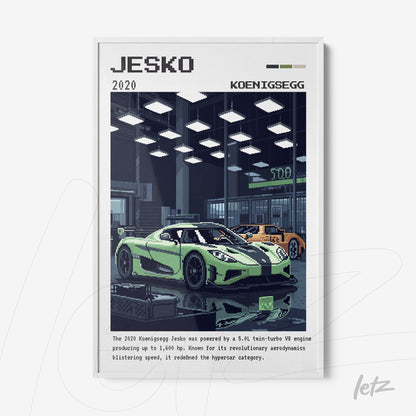 digital art print of the Koenigsegg Jesko in retro style with a white frame and a mechanical workshop background