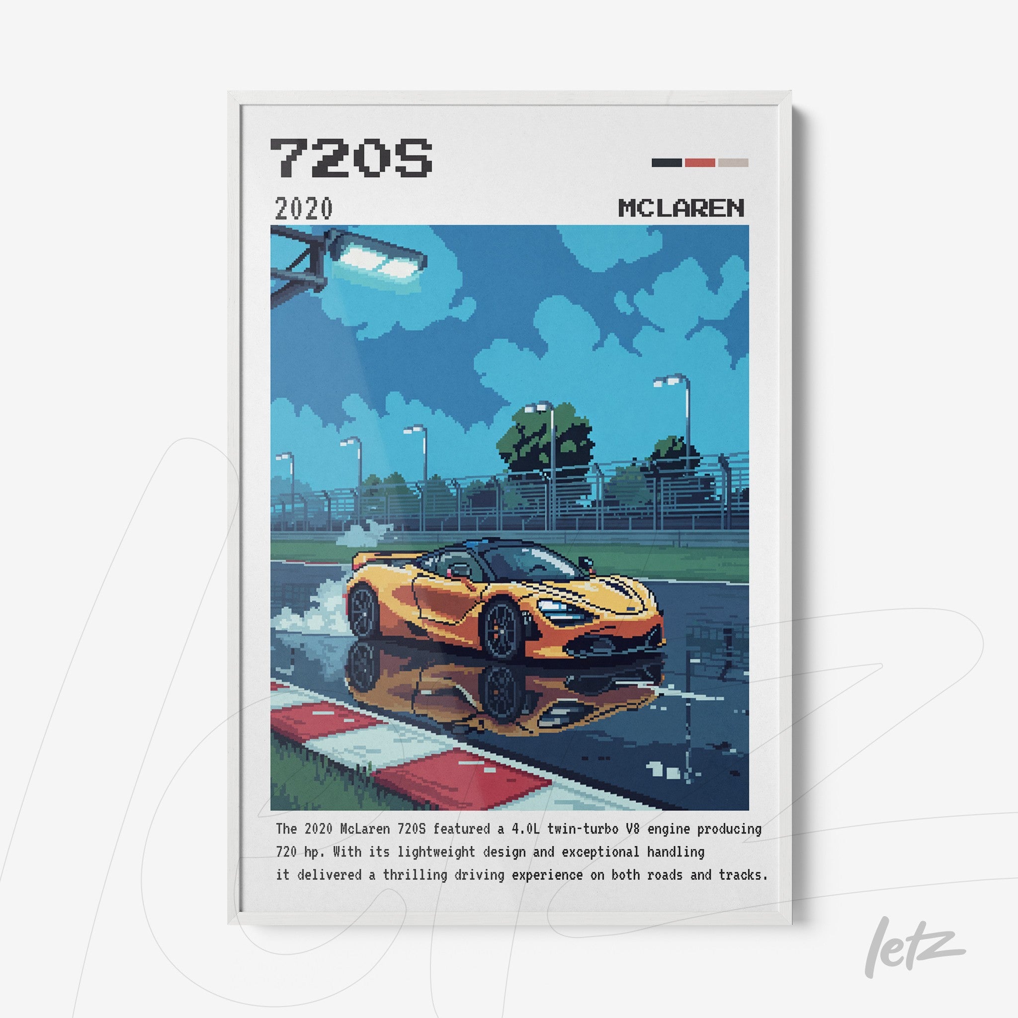 framed pixel art of a yellow McLaren 720S on a wet track with white frame
