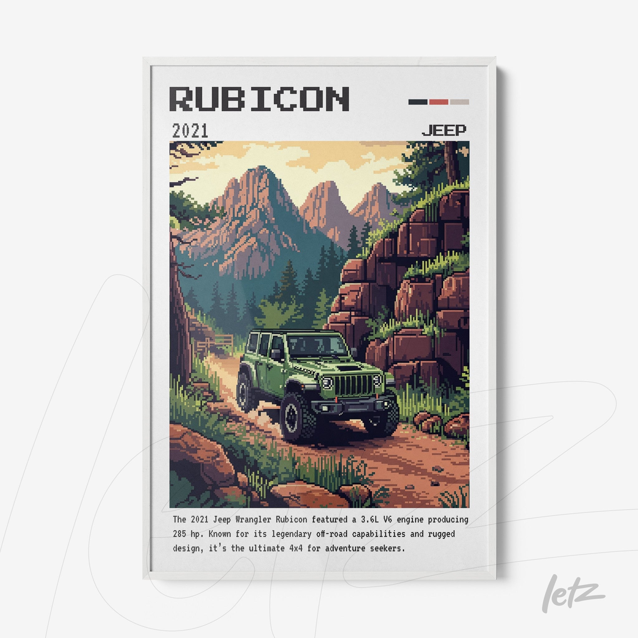 retro digital art print of a 2021 Jeep Rubicon on a mountain trail, featuring a white frame