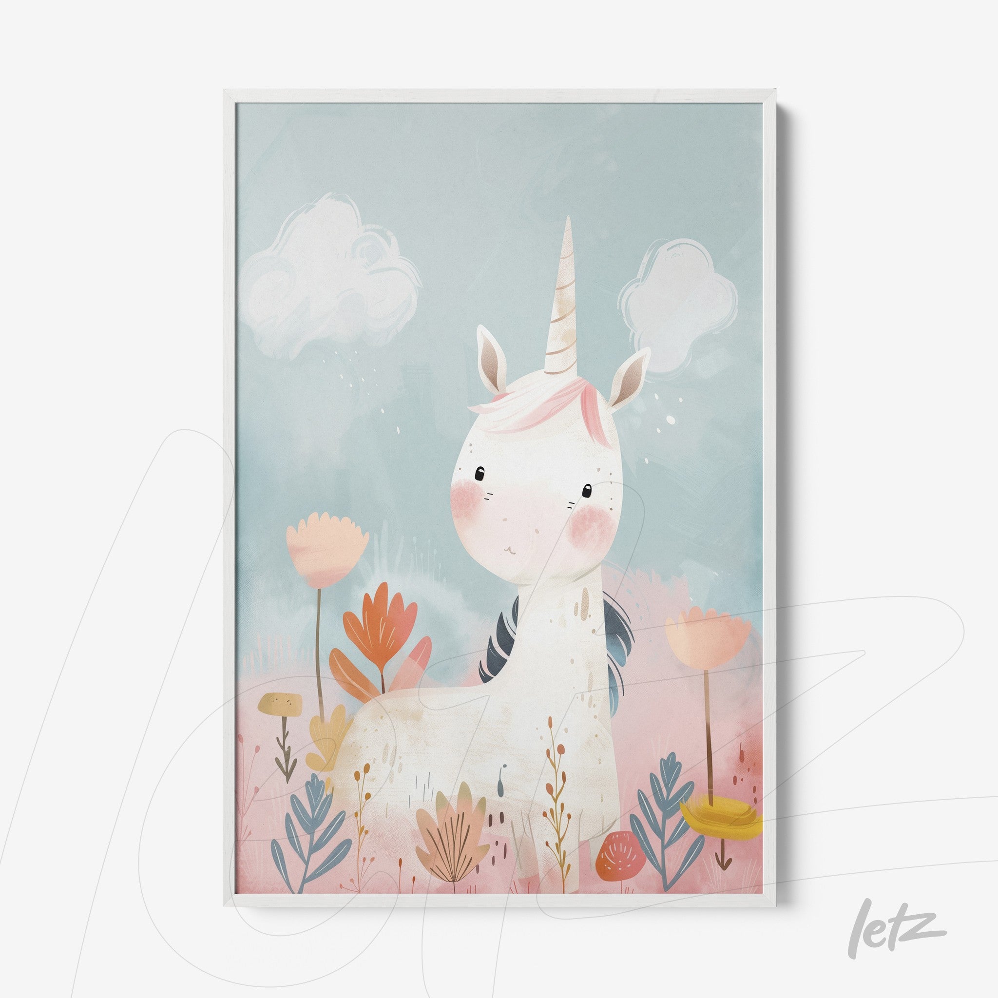 framed art featuring a cute unicorn illustration surrounded by colorful flowers