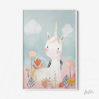 framed art featuring a cute unicorn illustration surrounded by colorful flowers