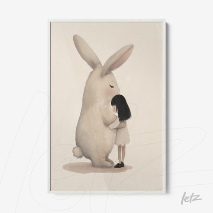 framed illustration of a little girl embracing a large bunny on a light background