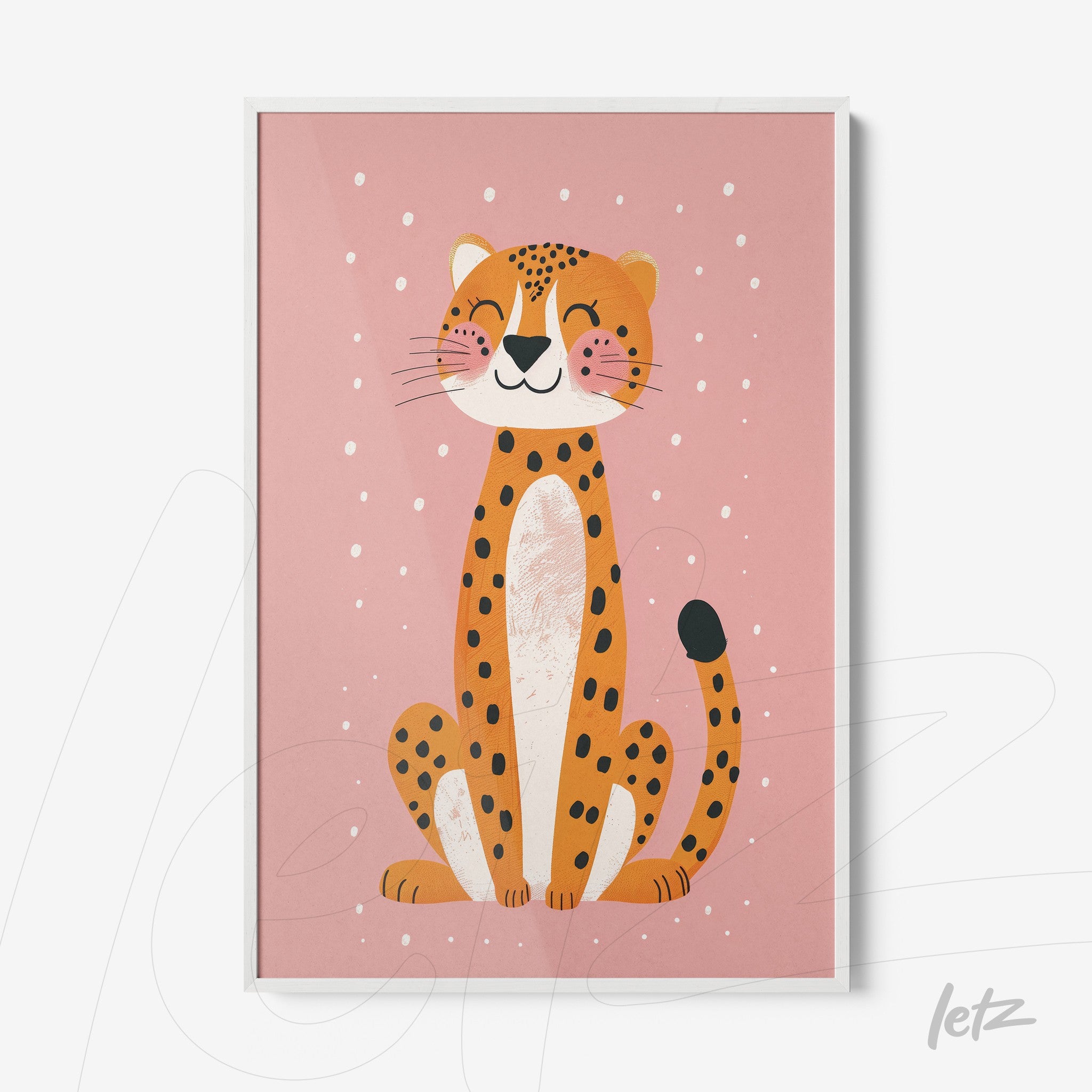 framed art featuring a cheerful leopard illustration on a pink background with white frame