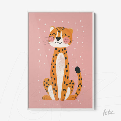 framed art featuring a cheerful leopard illustration on a pink background with white frame