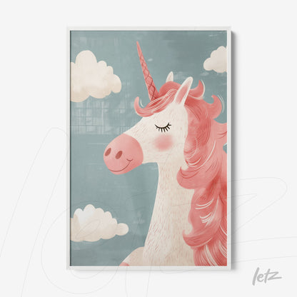 framed wall art featuring a pink maned unicorn against a soft blue background