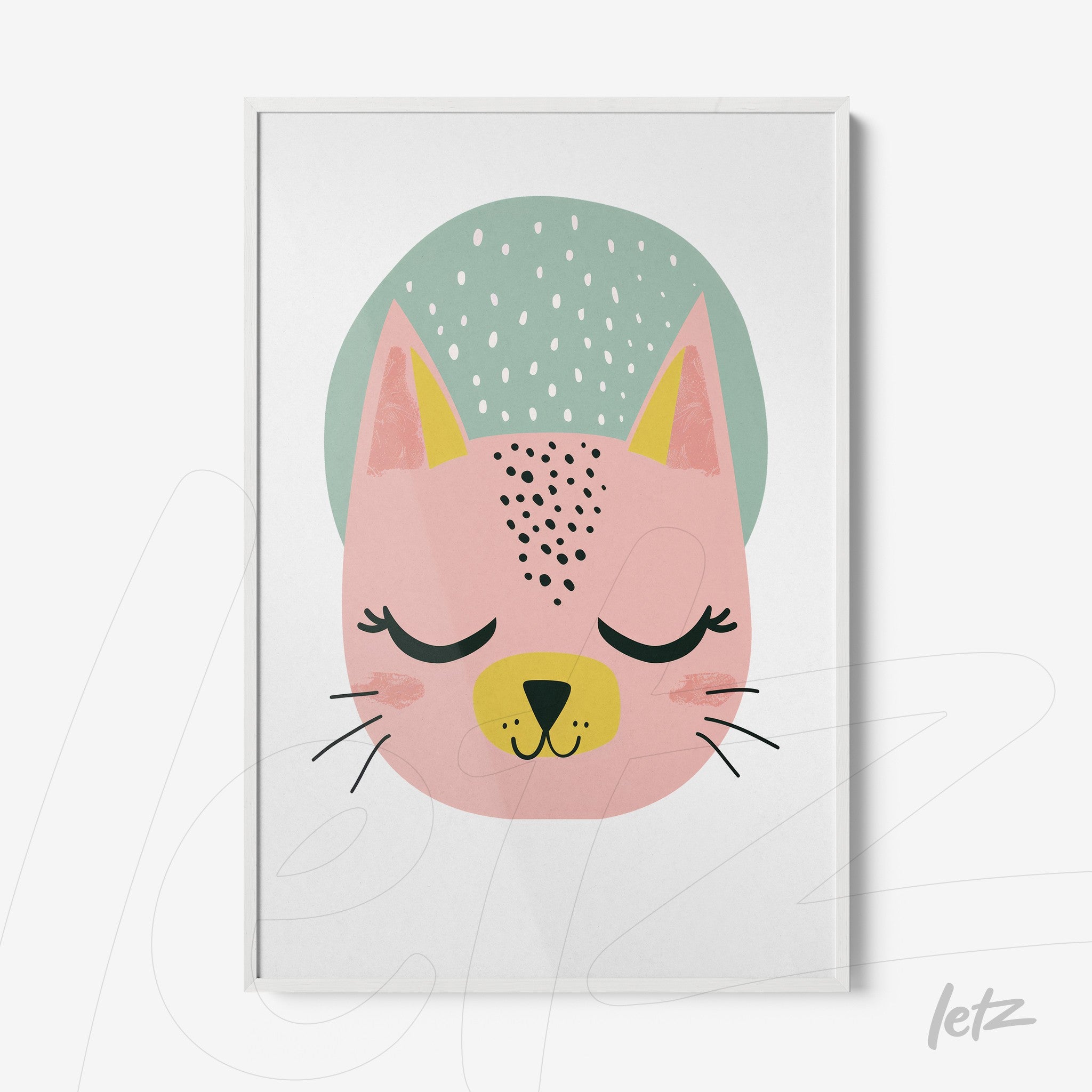 framed wall art featuring a pink cat face illustration with closed eyes and light green background