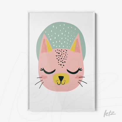 framed wall art featuring a pink cat face illustration with closed eyes and light green background
