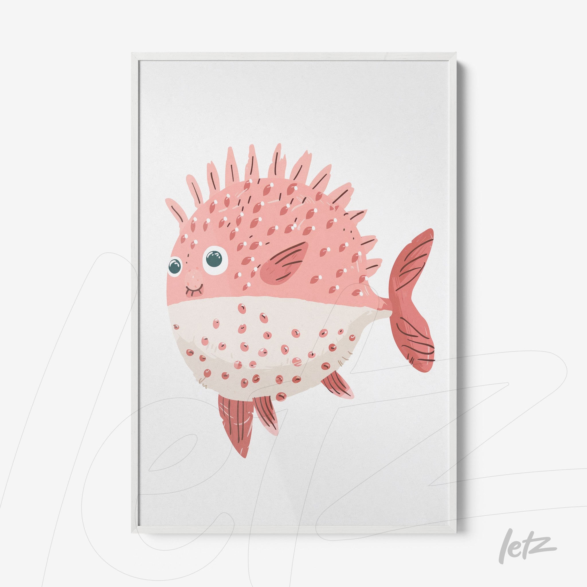 framed artwork featuring a cute pink pufferfish with spikes and white spots