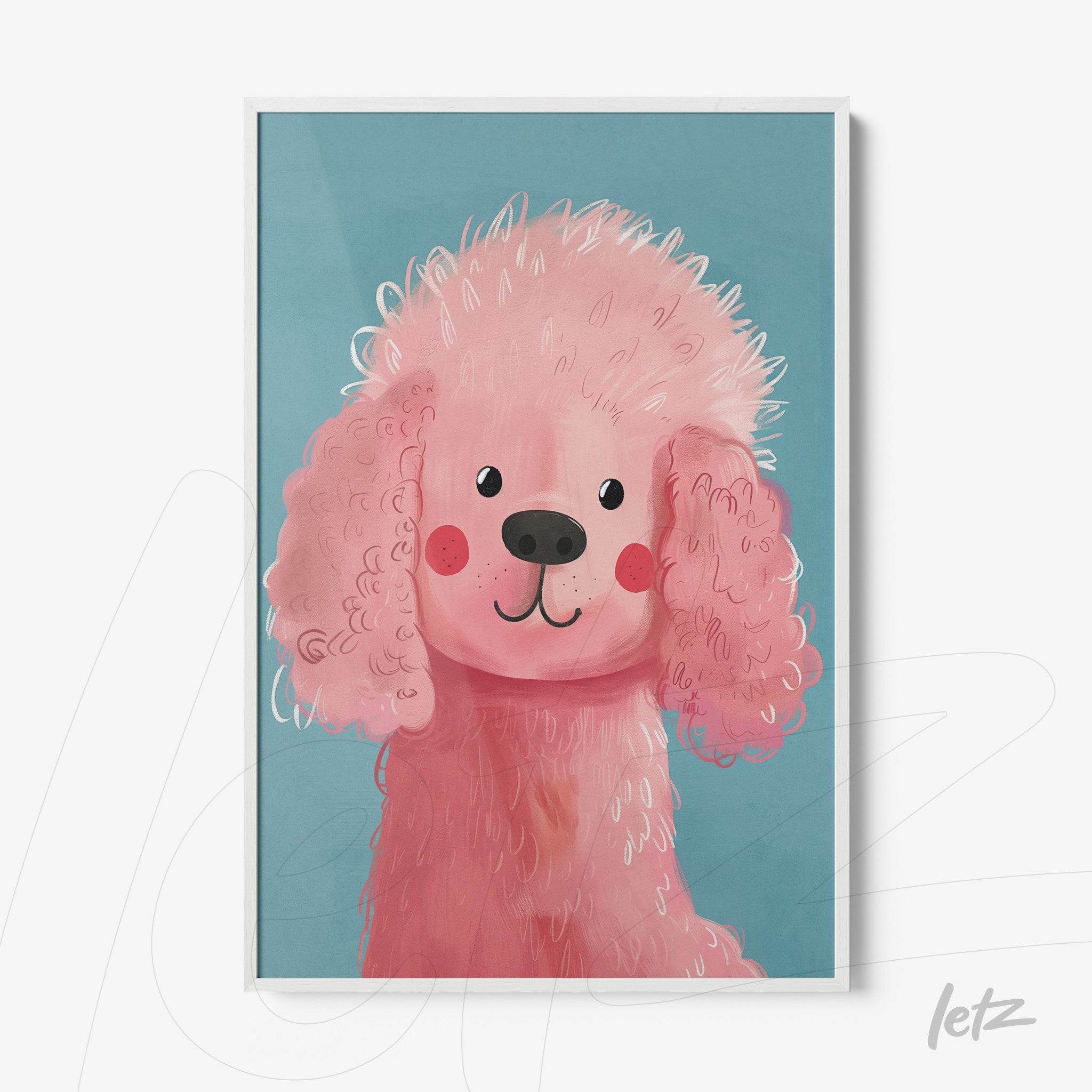 framed digital art of a pink poodle dog against a blue background with white frame