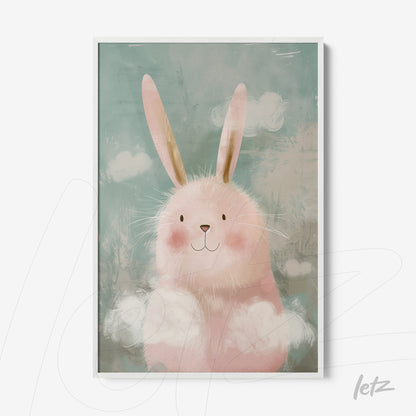 framed art featuring a cute bunny illustration against a light blue background with white clouds