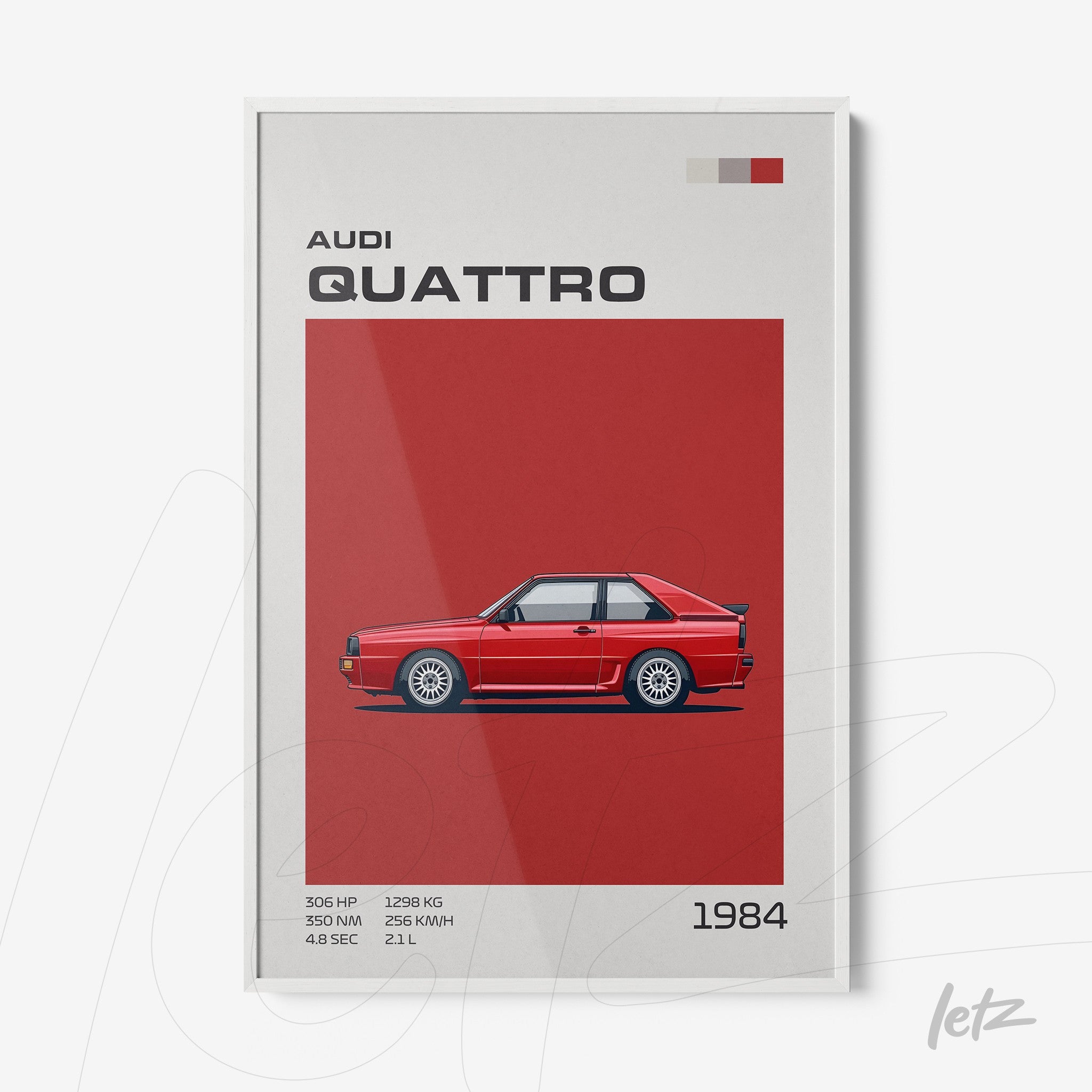 framed wall art featuring a digital illustration of a red Audi Quattro car on a red background with a white frame