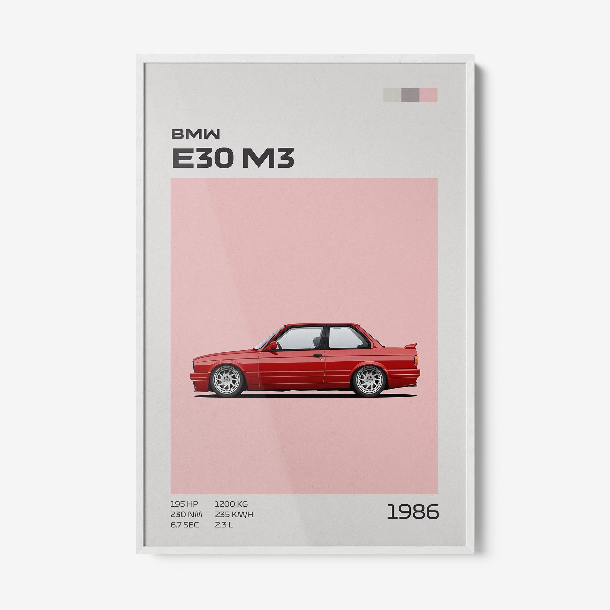 framed minimalist illustration of a red BMW E30 M3 car with white frame and pink background