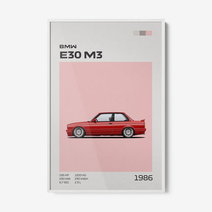 framed minimalist illustration of a red BMW E30 M3 car with white frame and pink background