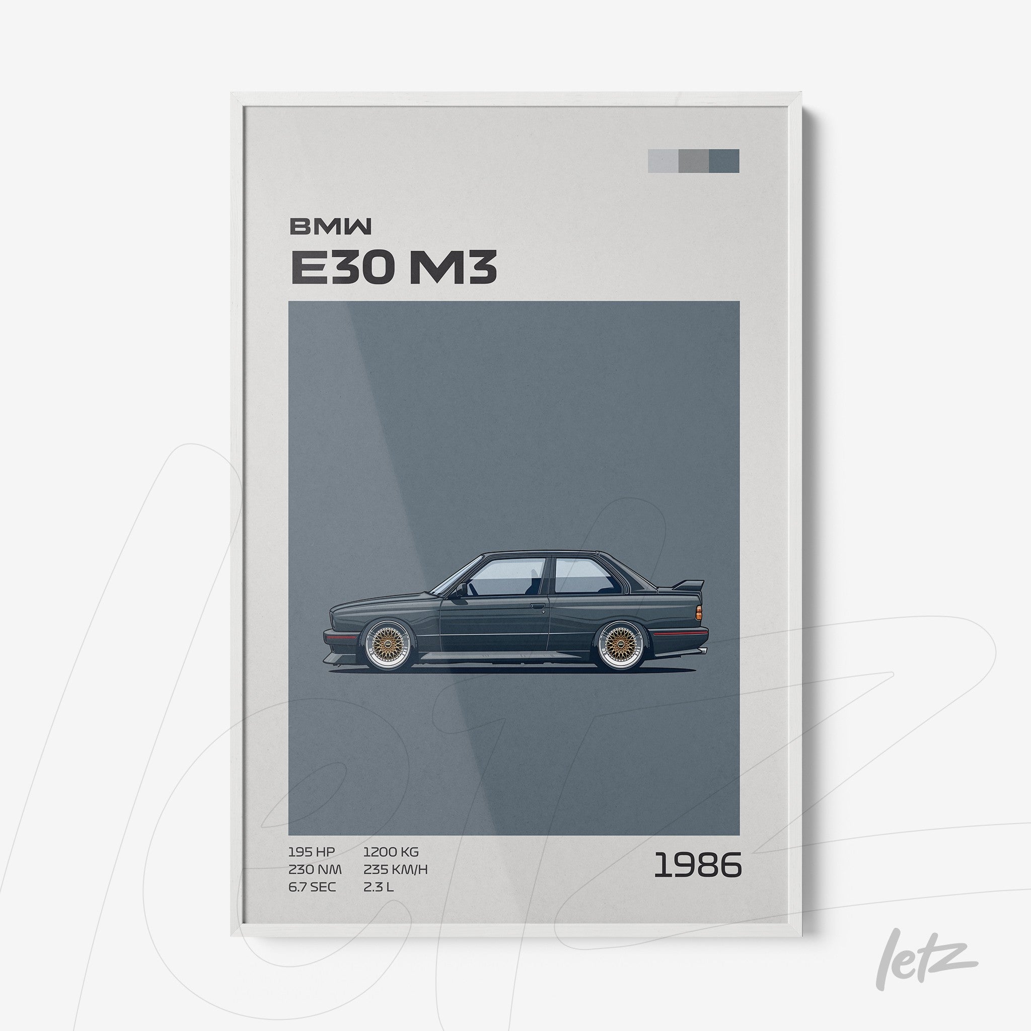 framed wall art featuring digital illustration of BMW E30 M3 in white frame