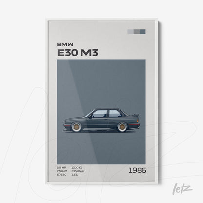 framed wall art featuring digital illustration of BMW E30 M3 in white frame