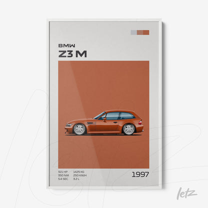 framed digital art of BMW Z3M car in orange background with white frame