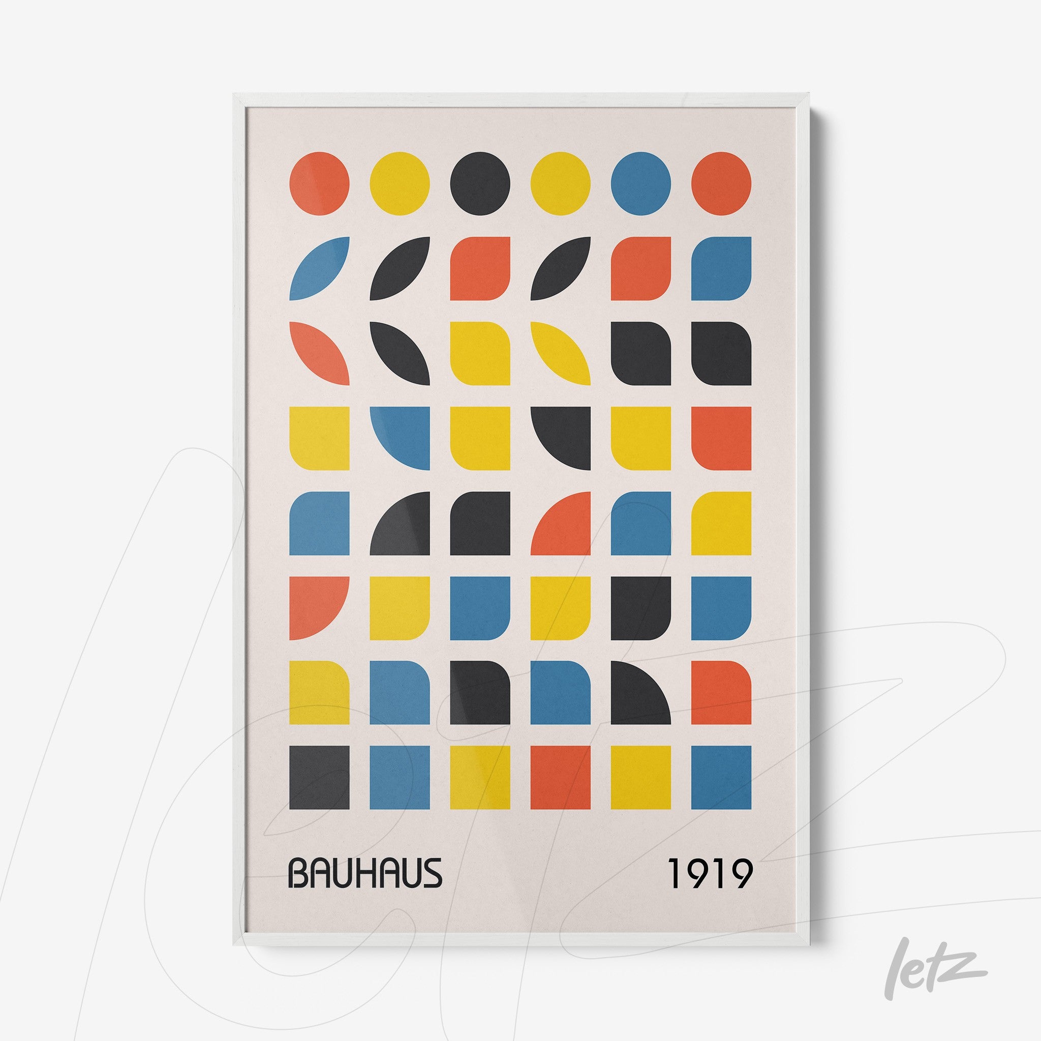 poster print with colorful geometric shapes in bauhaus style from 1919 framed in white