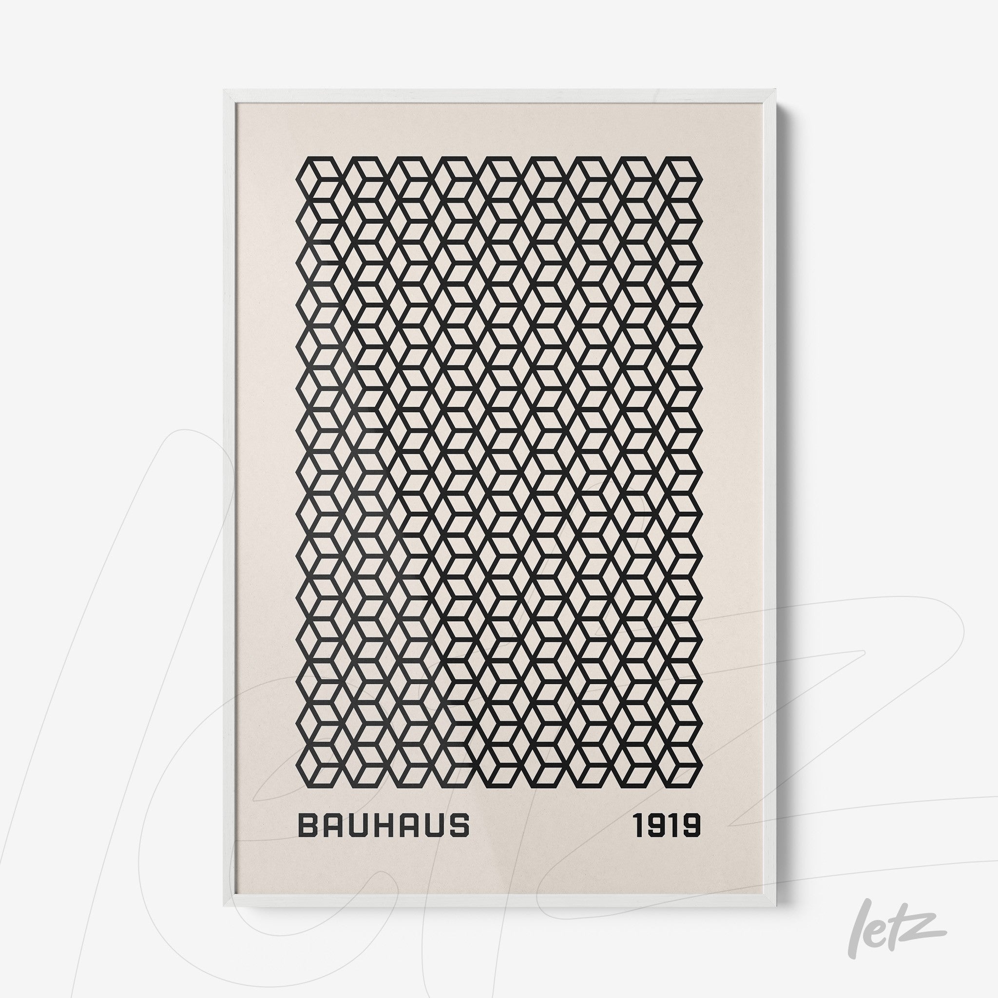 poster print featuring black geometric bauhaus pattern in white frame
