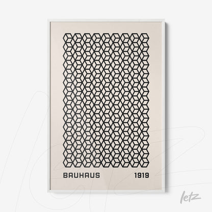 poster print featuring black geometric bauhaus pattern in white frame