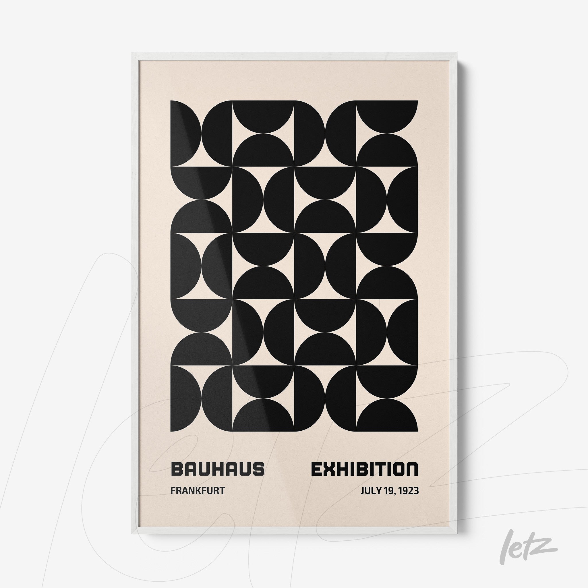 poster print featuring a black and white geometric design with bauhaus exhibition typography in a thin frame