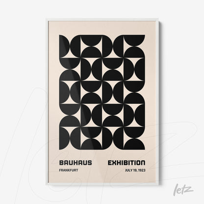 poster print featuring a black and white geometric design with bauhaus exhibition typography in a thin frame