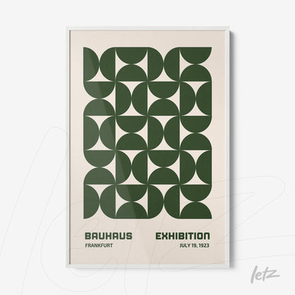 poster featuring dark green geometric art with semicircle composition, thin white frame
