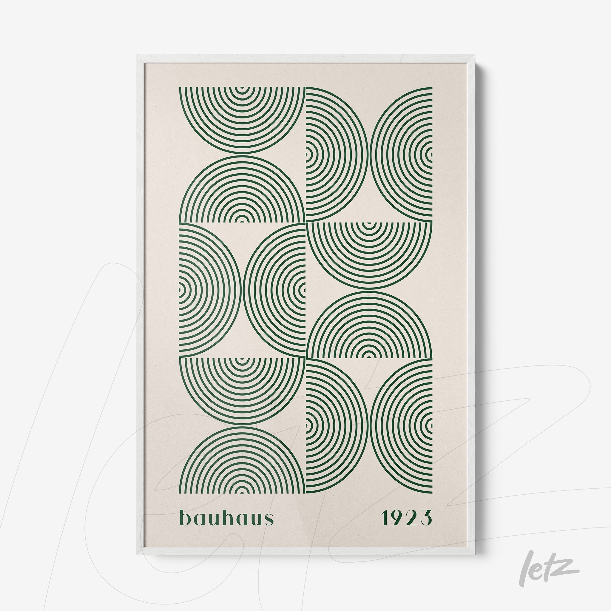 poster featuring Bauhaus style geometric design in white frame, with green concentric circles on beige background