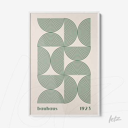 poster featuring Bauhaus style geometric design in white frame, with green concentric circles on beige background