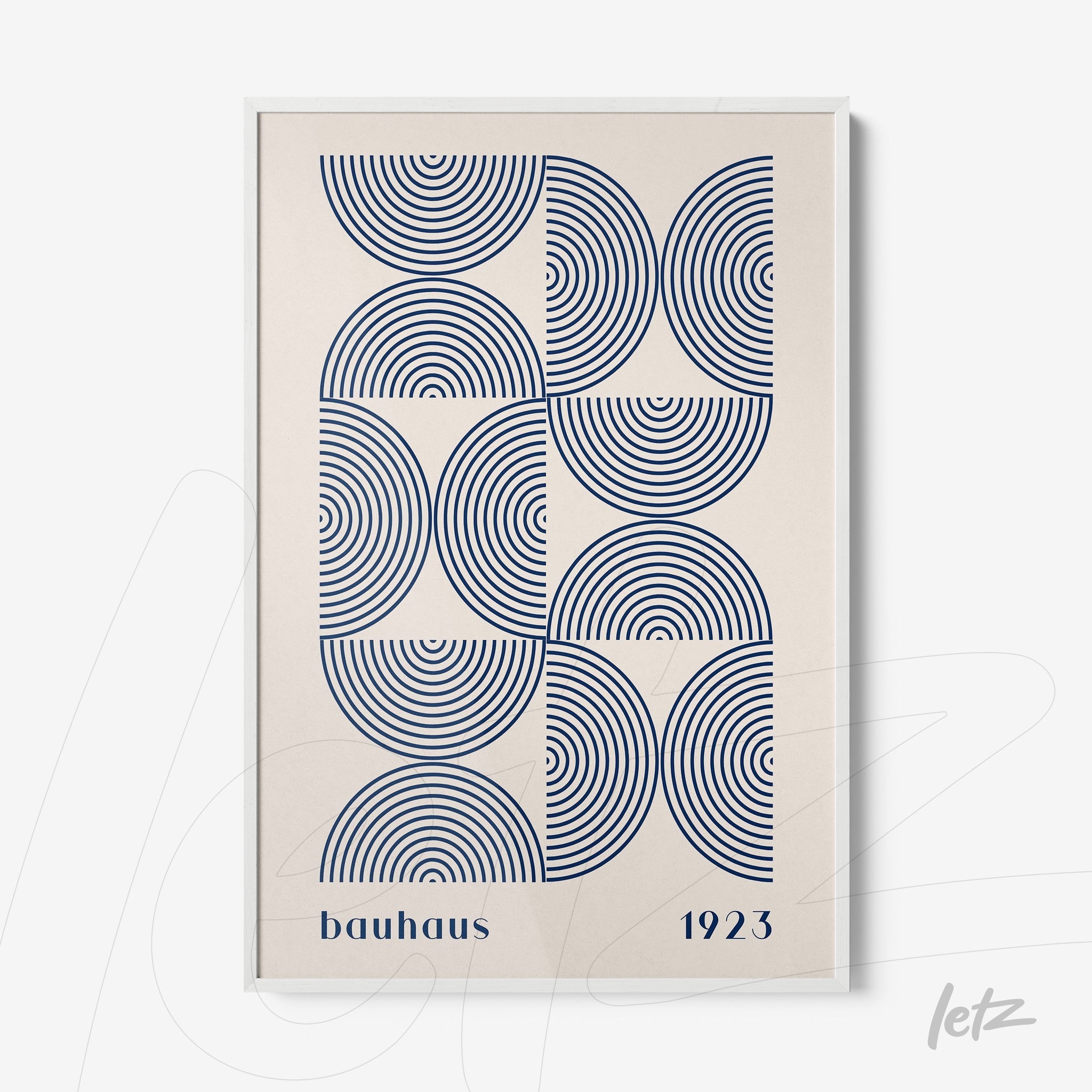 poster print featuring blue geometric illustration in bauhaus style within white frame