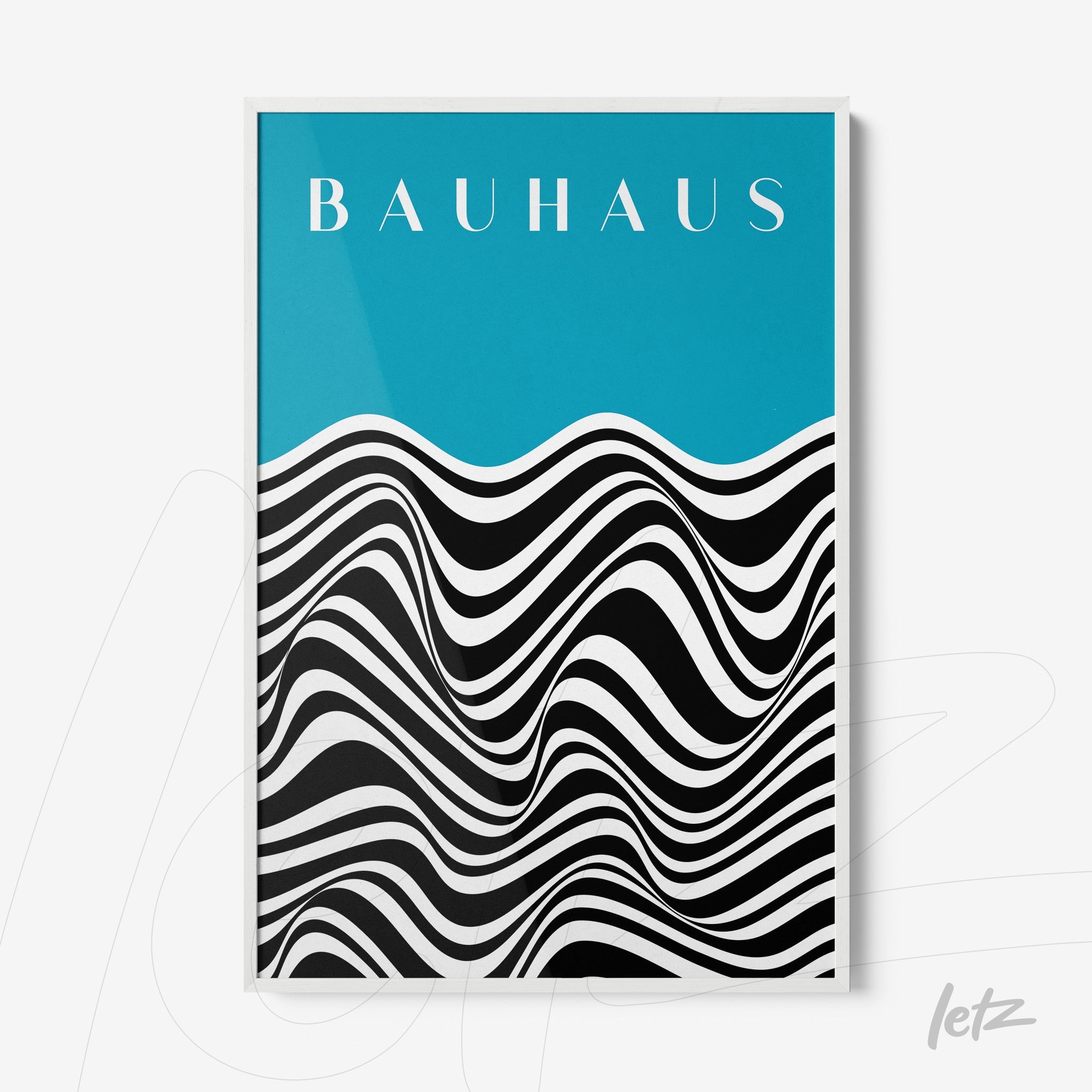 poster print featuring geometric wave design in black and white with blue background and text bauhaus, framed in a white frame