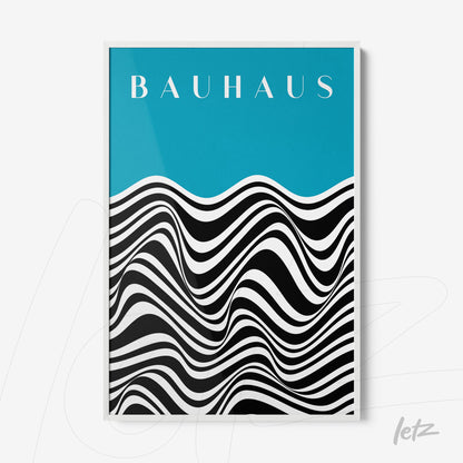 poster print featuring geometric wave design in black and white with blue background and text bauhaus, framed in a white frame