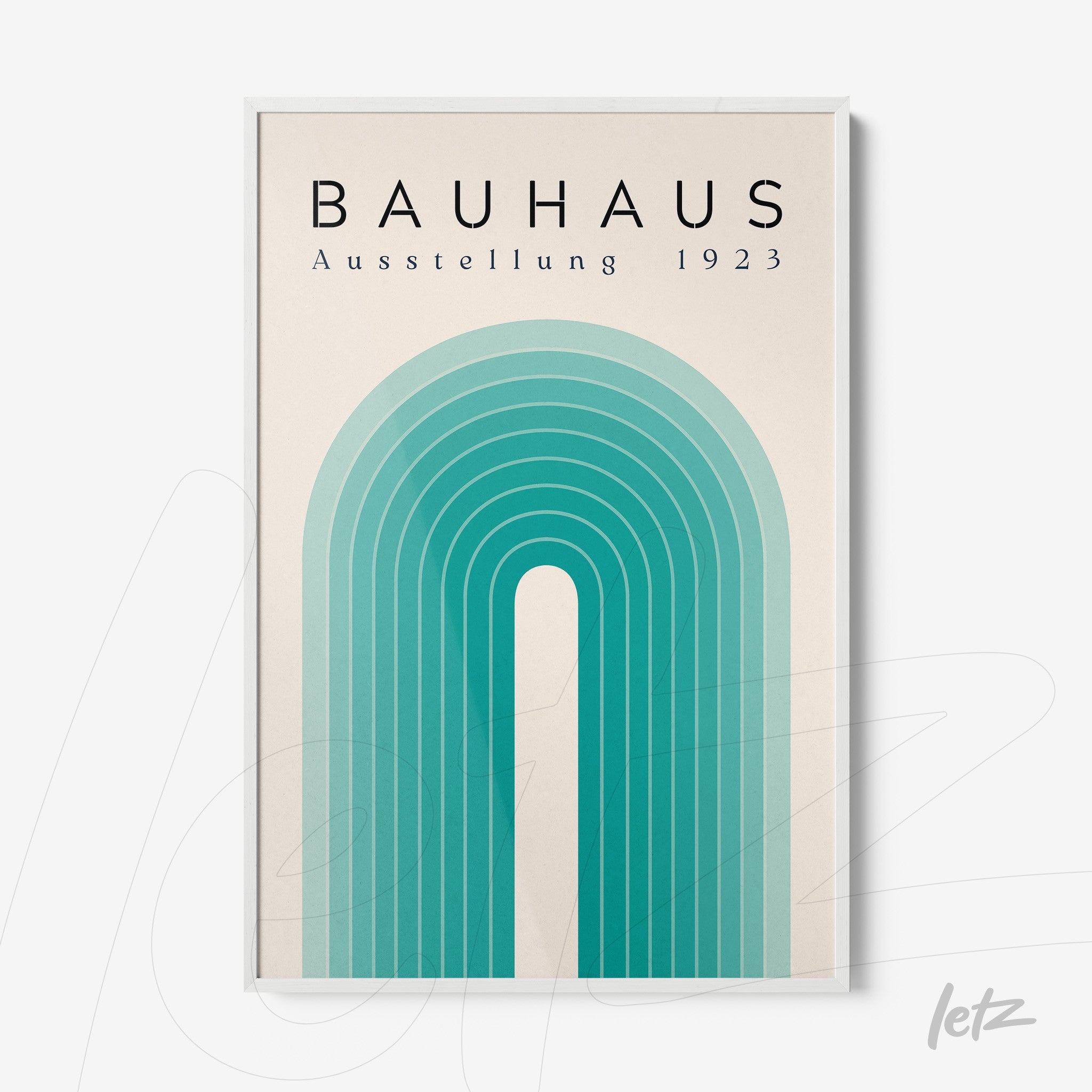 framed modern bauhaus-style design in blue and green tones with white frame