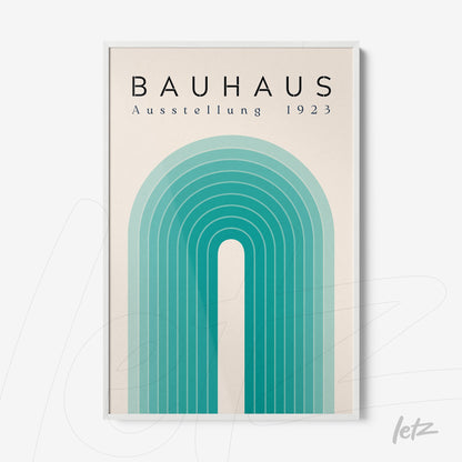 framed modern bauhaus-style design in blue and green tones with white frame