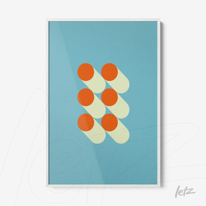 poster featuring geometric art with orange circles on a blue background, framed in white