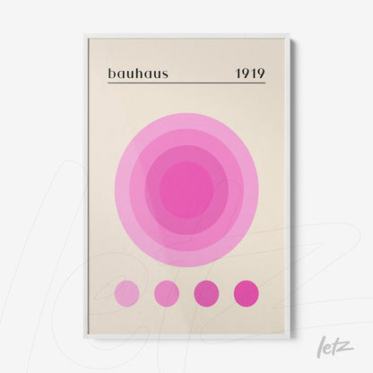 poster featuring concentric circles in shades of pink on a beige background with a white frame