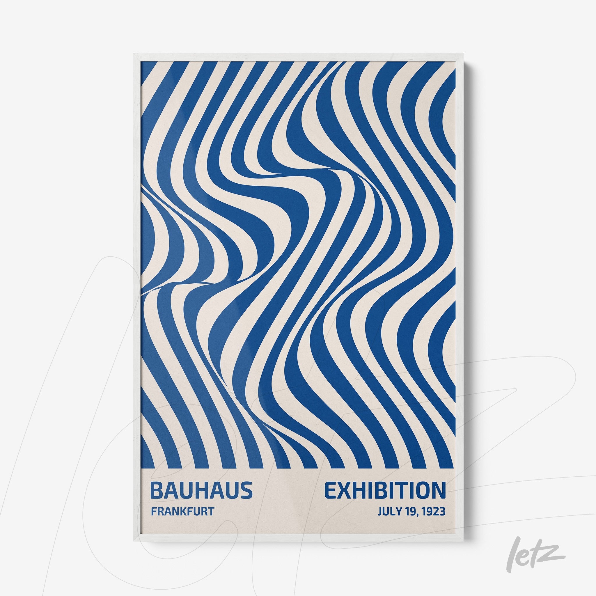 poster featuring abstract blue and white art with bauhaus exhibition text, displayed in white frame