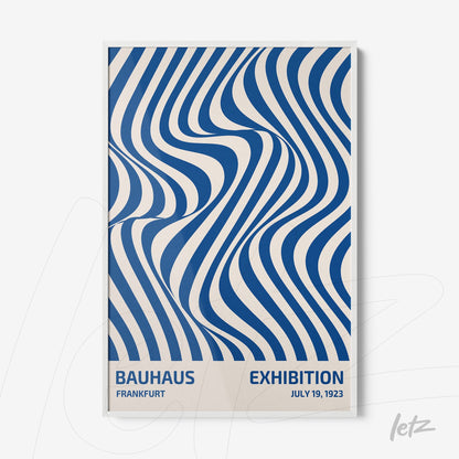 poster featuring abstract blue and white art with bauhaus exhibition text, displayed in white frame