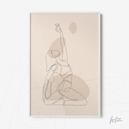 continuous line art of a female figure in a yoga pose with a white frame on a beige background