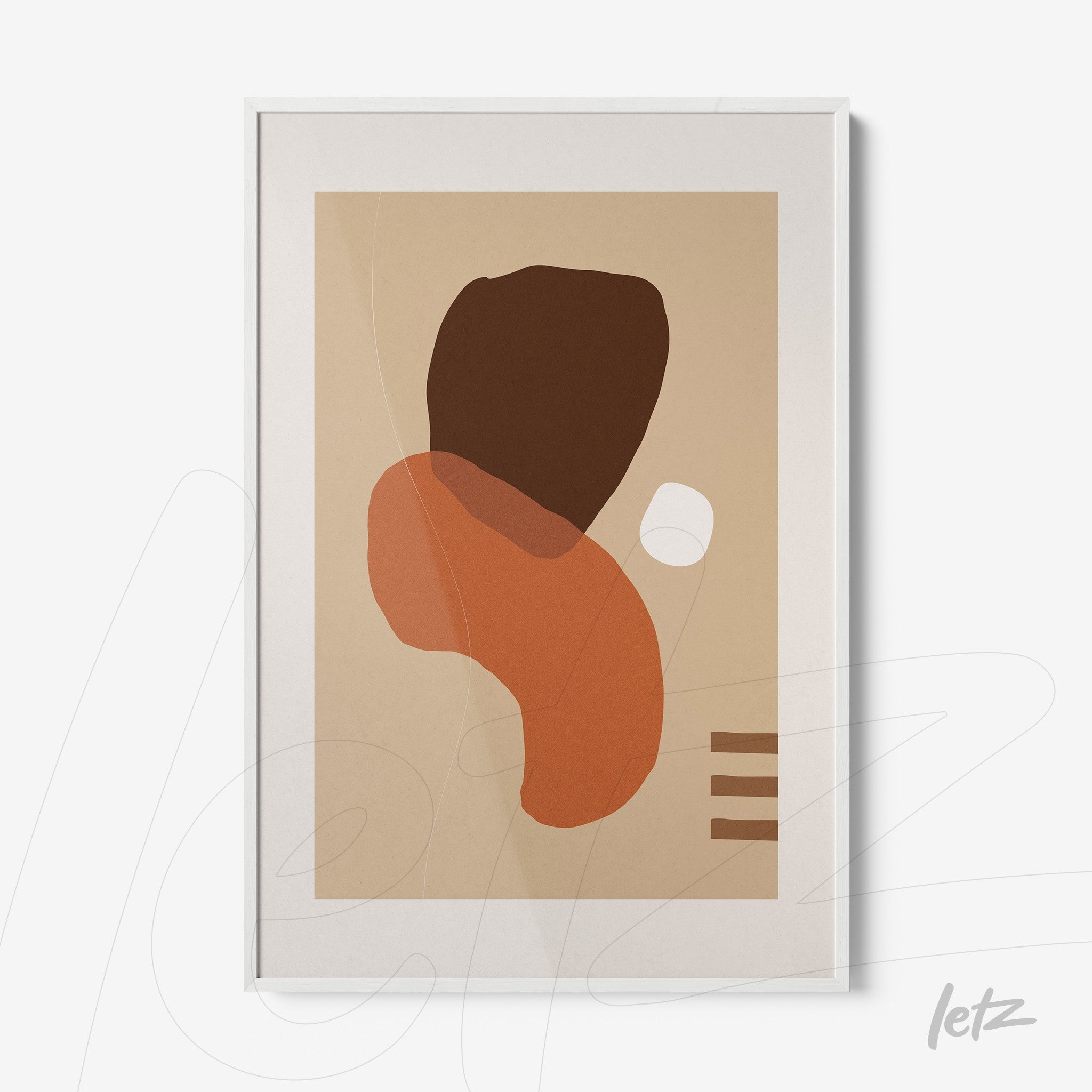 poster featuring abstract art in earthy tones and minimalist texture framed in white displayed against a light wall