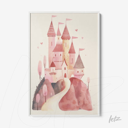 framed wall art featuring a whimsical pink castle illustration with trees and a winding road