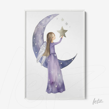 framed watercolor illustration of a girl with white wings reaching for a star next to a crescent moon in shades of purple
